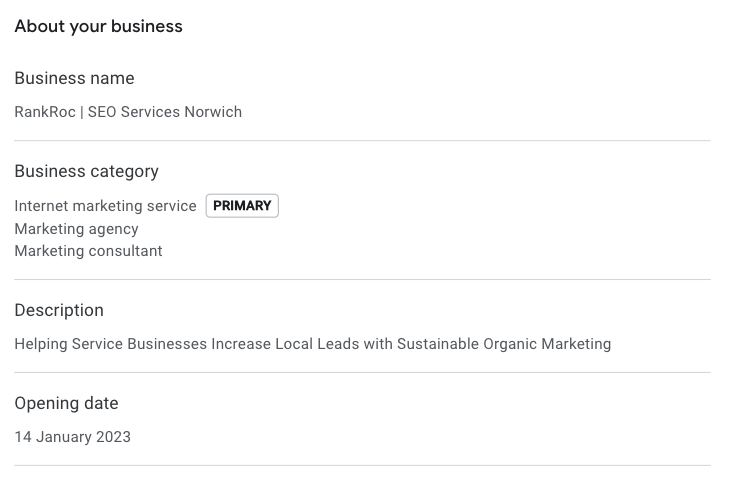 This is the "about your business" section inside the "edit profile" section of Google Business Profile